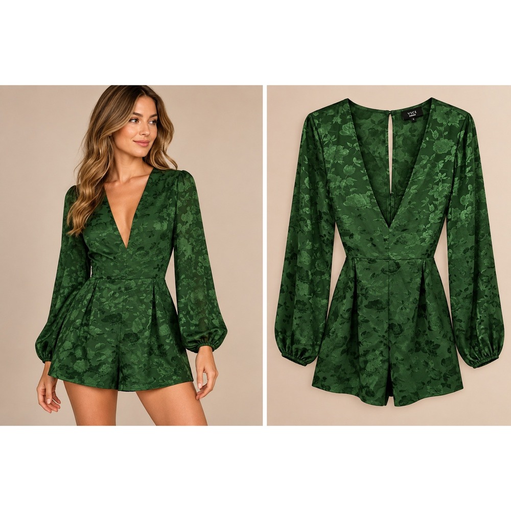 VICI Women Romper Medium Green Floral Jacquard V-Neck Long Sleeve Tie Back